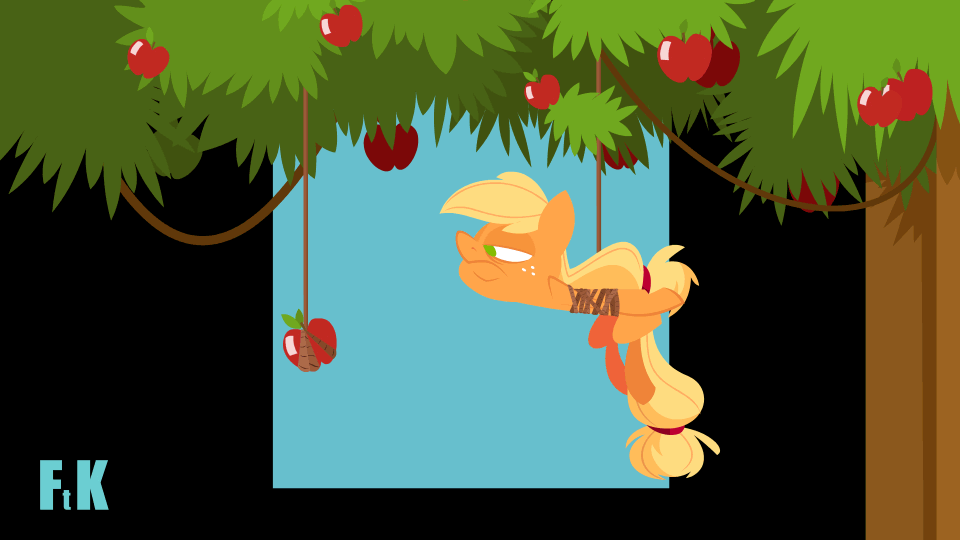 Size: 960x540 | Tagged: safe, artist:fluttershythekind, character:applejack, species:earth pony, species:pony, animated, apple, applejack is not amused, female, food, hatless, lidded eyes, mare, missing accessory, no pupils, rope, silly, silly pony, solo, that pony sure does love apples, tied up, tree, unamused, who's a silly pony