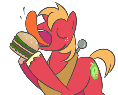Size: 500x400 | Tagged: safe, artist:tex, character:big mcintosh, species:earth pony, species:pony, animated, burger, hamburger, inception, licking, male, ponies eating meat, pun, selfcest, stallion