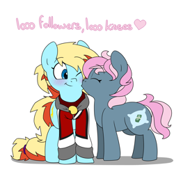 Size: 1280x1280 | Tagged: safe, artist:victoreach, oc, oc only, oc:honey wound, oc:juicy dream, species:pony, blushing, clothing, cute, female, kissing, lesbian, mare, milestone, oc x oc, shipping, simple background, white background