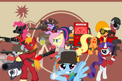 Size: 900x600 | Tagged: safe, artist:trungtranhaitrung, character:applejack, character:big mcintosh, character:fluttershy, character:pinkie pie, character:rainbow dash, character:rarity, character:twilight sparkle, character:zecora, species:earth pony, species:pegasus, species:pony, species:unicorn, species:zebra, bipedal, box, crossover, demoman, dispenser, engineer, game, gun, heavy, jar, jarate, male, mane six, medic, pee in container, pyro, scout, sentry, sniper, spy, stallion, team fortress 2, urine, weapon