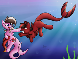 Size: 3777x2855 | Tagged: safe, artist:ashee, oc, oc only, oc:ashee, oc:red pone, boop, clothing, glare, gritted teeth, hoof hold, open mouth, orca pony, original species, red and black oc, scarf, shark, shark pony, smiling, swimming, underwater