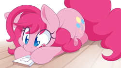 Size: 1920x1080 | Tagged: safe, artist:dshou, character:pinkie pie, species:earth pony, species:pony, :3, alternate hairstyle, colored pupils, crush, cute, diapinkes, diary, eye clipping through hair, female, heart, hoof hold, mare, notepad, pencil, solo, yet another pinkie blog