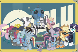 Size: 900x600 | Tagged: safe, artist:avastindy, artist:trungtranhaitrung, character:applejack, character:big mcintosh, character:fluttershy, character:pinkie pie, character:rarity, character:spike, character:twilight sparkle, character:zecora, species:earth pony, species:pony, species:zebra, crossover, demoman, engineer, game, heavy, male, mann vs machine, medic, pyro, robot, sentry buster, sniper, soldier, spy, stallion, team fortress 2