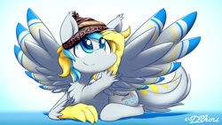 Size: 1920x1080 | Tagged: safe, artist:dshou, oc, oc only, oc:cirrus sky, species:hippogriff, beanie, clothing, cutie mark, hat, male, original species, playing with hair, smiling, solo, talons