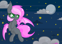 Size: 3000x2130 | Tagged: safe, artist:ashee, oc, oc only, oc:heartbeat, species:bat pony, species:pony, cute, female, filly, flying, moon, night, solo, stars, wingding eyes