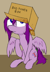Size: 2056x2947 | Tagged: safe, artist:ampderg, oc, oc only, oc:silica tetrahedron, species:pegasus, species:pony, bad poner box, box, colored pupils, cute, floppy ears, frown, lidded eyes, looking up, poner, raised hoof, sad, sitting, solo, spread wings, wing fluff, wings