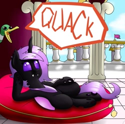 Size: 885x873 | Tagged: source needed, safe, artist:victoreach, oc, oc only, oc:queen aze, species:changeling, species:duck, armpits, cushion, draw me like one of your french girls, fanfic art, fanfic cover, op, purple changeling, quack