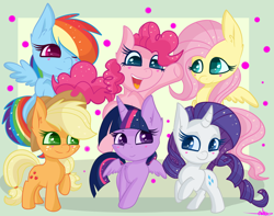 Size: 4332x3408 | Tagged: safe, artist:ashee, character:applejack, character:fluttershy, character:pinkie pie, character:rainbow dash, character:rarity, character:twilight sparkle, character:twilight sparkle (alicorn), species:alicorn, species:earth pony, species:pegasus, species:pony, species:unicorn, chibi, cute, dashabetes, diapinkes, group, heart, jackabetes, mane six, raribetes, shyabetes, twiabetes, wingding eyes