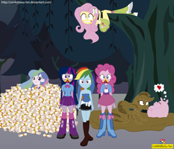 Size: 4608x3944 | Tagged: safe, artist:conikiblasu-fan, character:applejack, character:fluttershy, character:pinkie pie, character:princess celestia, character:principal celestia, character:rainbow dash, character:twilight sparkle, episode:28 pranks later, g4, my little pony: friendship is magic, my little pony:equestria girls, absurd resolution, boots, breasts, cleavage, clothing, cookie zombie, cosplay, costume, equestria girls interpretation, female, gun, handgun, heart, infected, jill valentine, legs, magic skirt, miniskirt, mud, open mouth, pig, pistol, resident evil, resident evil 3, scared, scene interpretation, scroll, skirt, socks, tank top, the trotting dead, the walking dead