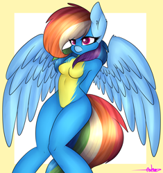 Size: 2866x3053 | Tagged: safe, artist:ashee, character:rainbow dash, species:anthro, bodysuit, clothing, female, skinsuit, skintight clothes, solo, wonderbolts uniform