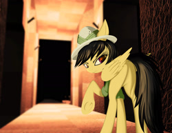 Size: 1920x1484 | Tagged: safe, artist:styroponyworks, character:daring do, species:pegasus, species:pony, 3d, blender, butt, clothing, daring donk, dock, female, frog (hoof), frown, hat, looking at you, looking back, looking back at you, mare, minecraft, mixed media, one hoof raised, plot, raised hoof, solo, underhoof