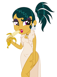 Size: 2087x2794 | Tagged: safe, artist:conikiblasu-fan, character:cleopatra jazz, episode:dungeons & discords, my little pony:equestria girls, banana, breasts, cleavage, clothing, cropped, curvy, dress, equestria girls-ified, food, hourglass figure, lipstick, side slit, simple background, transparent background, vector