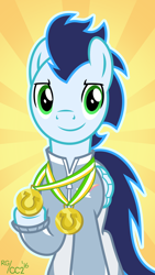 Size: 2160x3840 | Tagged: safe, artist:chainchomp2, character:soarin', species:pegasus, species:pony, clothing, cute, high res, looking at you, male, medal, signature, soarinbetes, solo, stallion, sunburst background, vector, warmup suit