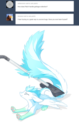 Size: 700x1081 | Tagged: safe, artist:tomatocoup, oc, oc only, oc:patch, species:dracony, species:dragon, species:pony, cute, ear fluff, eyes closed, feathered dragon, floppy ears, fluffy, hybrid, long tail, simple background, smiling, solo, spread wings, vacuum cleaner, white background, wing fluff, wings