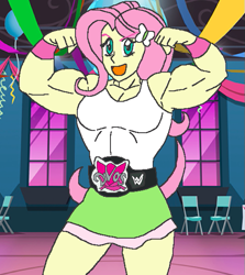 Size: 517x580 | Tagged: safe, artist:advanceddefense, artist:broozerpunch, character:fluttershy, my little pony:equestria girls, championship belt, female, flexing, muscles, muscleshy, solo