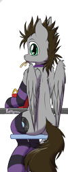 Size: 1000x2500 | Tagged: safe, artist:punk-pegasus, oc, oc only, oc:menzing, clothing, food, french fries, looking at you, plot, sitting, socks, solo, striped socks