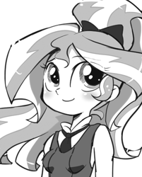 Size: 500x623 | Tagged: safe, artist:k-nattoh, character:sunset shimmer, my little pony:equestria girls, alternate hairstyle, cute, female, grayscale, moe, monochrome, necktie, ponytail, shimmerbetes, simple background, solo, white background