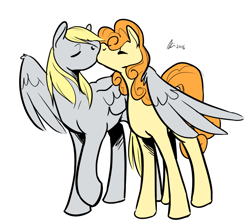 Size: 1280x1147 | Tagged: safe, artist:rwl, character:carrot top, character:derpy hooves, character:golden harvest, species:pegasus, species:pony, ship:derpytop, cute, female, food, hug, kissing, lesbian, mare, muffin, shipping, winghug