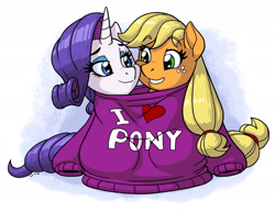 Size: 1650x1275 | Tagged: safe, artist:latecustomer, character:applejack, character:rarity, species:earth pony, species:pony, species:unicorn, ship:rarijack, clothing, cute, female, freckles, get along shirt, jackabetes, lesbian, looking at each other, mare, oversized clothes, raribetes, shipping, smiling, sweater