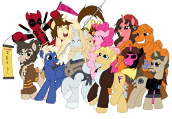Size: 4127x2869 | Tagged: safe, artist:edcom02, artist:jmkplover, character:pinkie pie, species:alicorn, species:breezies, species:earth pony, species:pegasus, species:pony, antennae, bandana, beard, ben grimm, black sclera, blue fur, captain america, captain equestria, confident, crossover, deadpool, ear piercing, elektra, facial hair, gambit, group, happy, human torch, iron man, janet van dyne, johnny storm, logan, male alicorn, marvel, peter parker, piercing, pink fur, ponified, red pupils, simple background, smiling, spider-man, steve rogers, the thing (marvel), thor, tony stark, transparent background, wade wilson, wasp, wild card, wolverine
