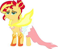 Size: 7444x6211 | Tagged: safe, artist:sugar-loop, character:daydream shimmer, character:sunset shimmer, species:pony, species:unicorn, my little pony:equestria girls, absurd resolution, bedroom eyes, clothing, daydream shimmer, dress, female, gala dress, looking at you, simple background, smiling, solo, sunset shimmer day, transparent background, vector