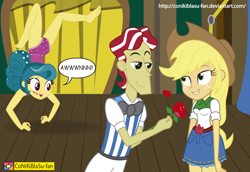 Size: 2026x1392 | Tagged: safe, artist:conikiblasu-fan, character:applejack, character:flim, character:trapeze star, ship:flimjack, episode:viva las pegasus, g4, my little pony: friendship is magic, my little pony:equestria girls, ass, barefoot, breasts, clothing, cowboy hat, denim skirt, dialogue, equestria girls-ified, feet, female, flower, freckles, hat, heart, leotard, male, necktie, open mouth, pants, performer, rose, shipping, skirt, speech bubble, stetson, straight