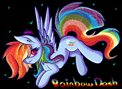 Size: 2652x1942 | Tagged: safe, artist:ashee, character:rainbow dash, black background, female, glitter, hair over one eye, simple background, solo
