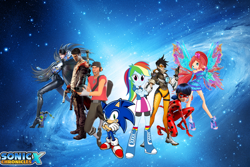 Size: 900x600 | Tagged: safe, artist:trungtranhaitrung, character:rainbow dash, character:sonic the hedgehog, my little pony:equestria girls, bayonetta, bayonetta (character), bayonetta 2, bloom, bloom (winx club), crossover, dante, dmc, downvote bait, ladybug, logo, miraculous ladybug, mythix, overwatch, scout, sega, sonic chronicles x, sonic the hedgehog (series), team fortress 2, tracer, video game, winx club
