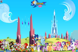 Size: 1800x1200 | Tagged: safe, artist:trungtranhaitrung, character:applejack, character:fluttershy, character:pinkie pie, character:princess cadance, character:princess flurry heart, character:princess luna, character:rainbow dash, character:rarity, character:shining armor, character:sonic the hedgehog, character:starlight glimmer, character:sunset shimmer, character:twilight sparkle, character:twilight sparkle (alicorn), species:alicorn, species:pony, amy rose, blaze the cat, chao, cheese chao, cream the rabbit, crossover, crystal empire, female, fiona fox, knuckles the echidna, mane six, rouge the bat, sega, shadow the hedgehog, silver the hedgehog, sonic the hedgehog (series), video game