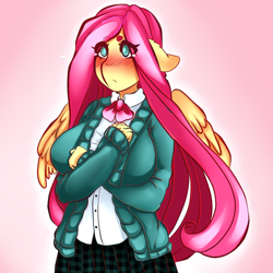 Size: 1024x1024 | Tagged: safe, artist:tolsticot, character:fluttershy, species:anthro, arm under breasts, big breasts, blushing, breasts, busty fluttershy, clothing, colored sketch, crying, female, school uniform, solo
