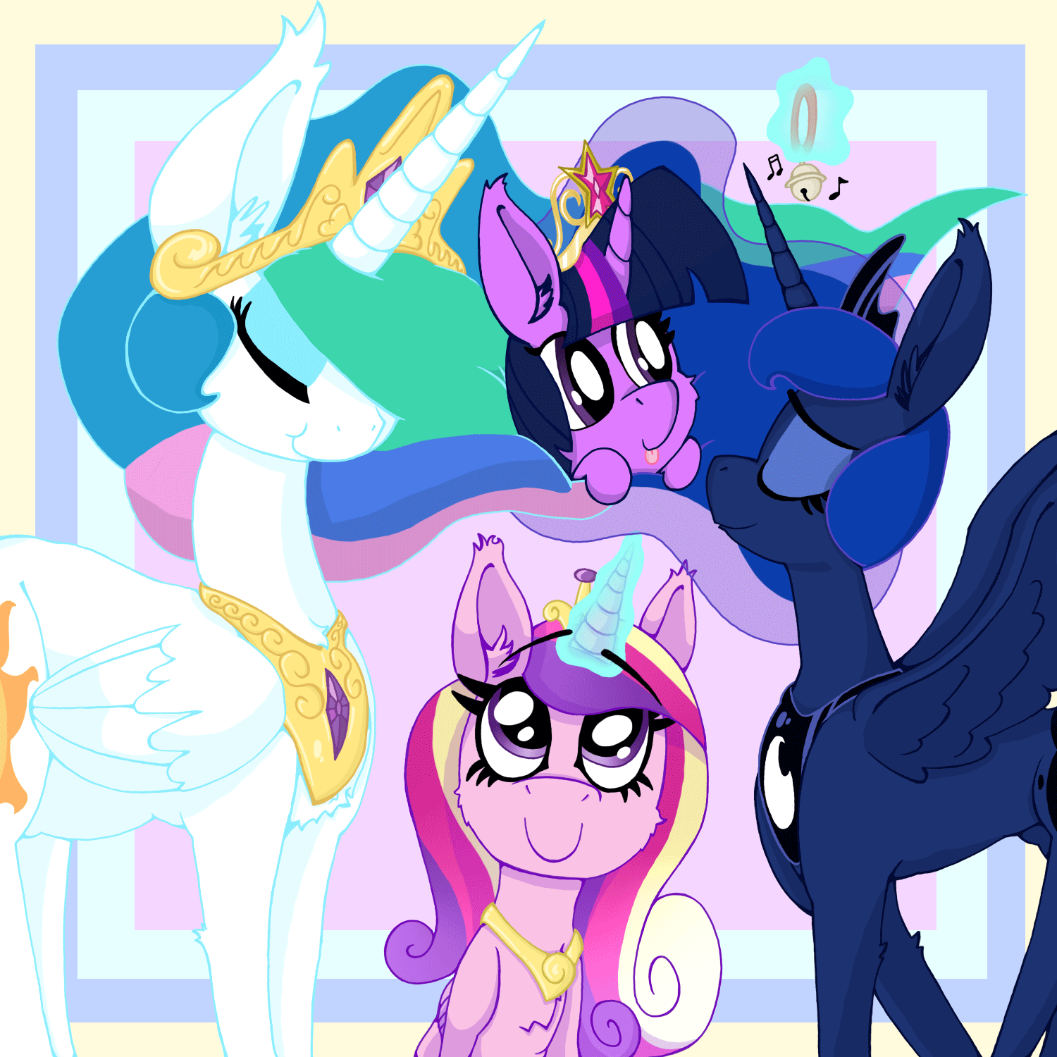 Size: 1500x1500 | Tagged: safe, artist:dragonpone, derpibooru original, character:princess cadance, character:princess celestia, character:princess luna, character:twilight sparkle, character:twilight sparkle (alicorn), species:alicorn, species:pony, alicorn tetrarchy, animated, bell, big crown thingy, cat bell, chest fluff, ear fluff, eye shimmer, eyes closed, female, gif, hammerspace hair, jewelry, levitation, magic, music notes, prehensile mane, regalia, smiling, spread wings, telekinesis, tongue out, wings