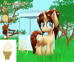 Size: 5576x4677 | Tagged: safe, artist:ampderg, oc, oc only, oc:marshmallow swirl, species:pony, species:unicorn, absurd resolution, chocolate, cute, female, food, food pony, grass, ice cream, ice cream pony, marshmallow, marshmallows, original species, outdoors, reference sheet, rocky road, solo
