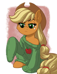 Size: 1275x1650 | Tagged: safe, artist:latecustomer, character:applejack, species:pony, cheek fluff, chest fluff, clothing, cute, ear fluff, female, jackabetes, oversized clothes, raised eyebrow, sitting, solo, sweater, unconvinced applejack