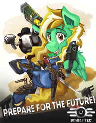 Size: 2200x2823 | Tagged: safe, artist:saxopi, oc, oc only, armed to the teeth, fallout, gun, handgun, knife, pinup, pistol, poster, rifle, sawed off shotgun, solo, vault suit, weapon