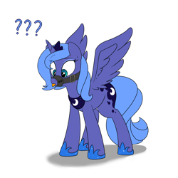 Size: 1280x1280 | Tagged: safe, artist:victoreach, character:princess luna, species:pony, blep, confused, female, gag, lunasub, muzzle, muzzle gag, question mark, s1 luna, silly, silly pony, simple background, solo, tongue out, white background, younger