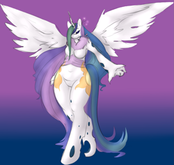 Size: 1419x1345 | Tagged: safe, artist:neekokarina, artist:nonuberis, character:princess celestia, species:anthro, species:changeling, species:unguligrade anthro, barbie doll anatomy, both cutie marks, changelingified, corrupted, missing accessory, solo, species swap, transformation