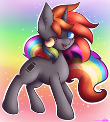 Size: 1964x2185 | Tagged: safe, artist:ashee, oc, oc only, oc:krylone, species:pony, species:unicorn, blushing, one eye closed, rainbow, rainbow hair, smiling, solo, wink