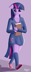 Size: 1429x3264 | Tagged: safe, artist:stargazer, character:twilight sparkle, species:anthro, species:plantigrade anthro, book, clothing, cutie mark dress, female, floppy ears, sad, shoes, socks, solo