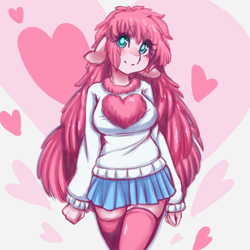 Size: 1024x1024 | Tagged: safe, artist:tolsticot, oc, oc only, oc:fluffle puff, species:anthro, breasts, busty fluffle puff, clothing, colored sketch, cute, female, floppy ears, flufflebetes, heart, ocbetes, pleated skirt, skirt, socks, solo, sweater, thigh highs, zettai ryouiki