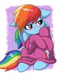 Size: 1275x1650 | Tagged: safe, artist:latecustomer, character:rainbow dash, species:pegasus, species:pony, blushing, clothing, cute, dashabetes, female, floppy ears, mare, oversized clothes, rainbow dash always dresses in style, solo, sweater, tsunderainbow, tsundere