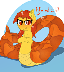 Size: 6383x7145 | Tagged: safe, artist:ampderg, oc, oc only, oc:scythia, species:lamia, absurd resolution, blushing, crossed arms, cute, fangs, i'm not cute, original species, snake pony, solo, tsundere