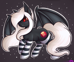 Size: 2696x2267 | Tagged: safe, artist:ashee, oc, oc only, oc:midnight ruby, species:bat pony, species:pony, blushing, clothing, fangs, red eyes, socks, solo, spread wings, striped socks, wings