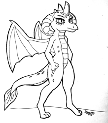 Size: 2360x2696 | Tagged: safe, artist:stargazer, character:princess ember, species:dragon, black and white, explicit source, female, grayscale, monochrome, simple background, solo, spread wings, traditional art, white background, wings