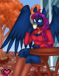 Size: 500x647 | Tagged: safe, artist:ladypixelheart, oc, oc only, oc:silohuette, species:anthro, species:pegasus, species:pony, autumn, boots, braid, breasts, cafe, clothing, coffee, female, keyhole turtleneck, open-chest sweater, solo, sweater, turtleneck