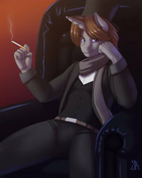 Size: 2000x2500 | Tagged: safe, artist:souladdicted, oc, oc only, oc:tick tock, species:anthro, species:pony, species:unicorn, anthro oc, cigarette, clothing, looking at you, smoking, solo