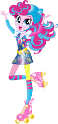 Size: 6835x14664 | Tagged: safe, artist:sugar-loop, character:pinkie pie, equestria girls:friendship games, g4, my little pony: equestria girls, my little pony:equestria girls, absurd resolution, alternative cutie mark placement, backcard, box art, clothing, facial cutie mark, female, helmet, looking at you, open mouth, roller derby, rollerblades, simple background, solo, sporty style, transparent background, vector
