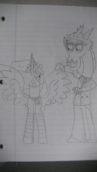 Size: 1024x1820 | Tagged: safe, artist:supahdonarudo, character:discord, character:princess celestia, celestia is not amused, colonel sanders, crossover, discord being discord, duo, grayscale, lined paper, monochrome, ronald mcdonald, traditional art