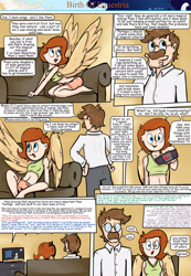 Size: 1280x1853 | Tagged: safe, artist:shieltar, oc, oc only, oc:grace harmony, oc:professor harmony, comic:birth of equestria, belly button, comic, couch, midriff, television, winged human