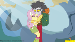 Size: 2561x1441 | Tagged: safe, artist:conikiblasu-fan, character:discord, character:fluttershy, ship:discoshy, my little pony:equestria girls, blood, blushing, butt touch, clothing, hand on butt, male, shipping, skirt, straight, tank top, torn clothes