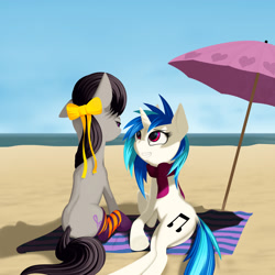 Size: 2000x2000 | Tagged: safe, artist:styroponyworks, character:dj pon-3, character:octavia melody, character:vinyl scratch, beach, bow, clothing, croup, hair bow, lying down, octavia is not amused, on side, scarf, sitting, socks, striped socks, towel, umbrella, unamused